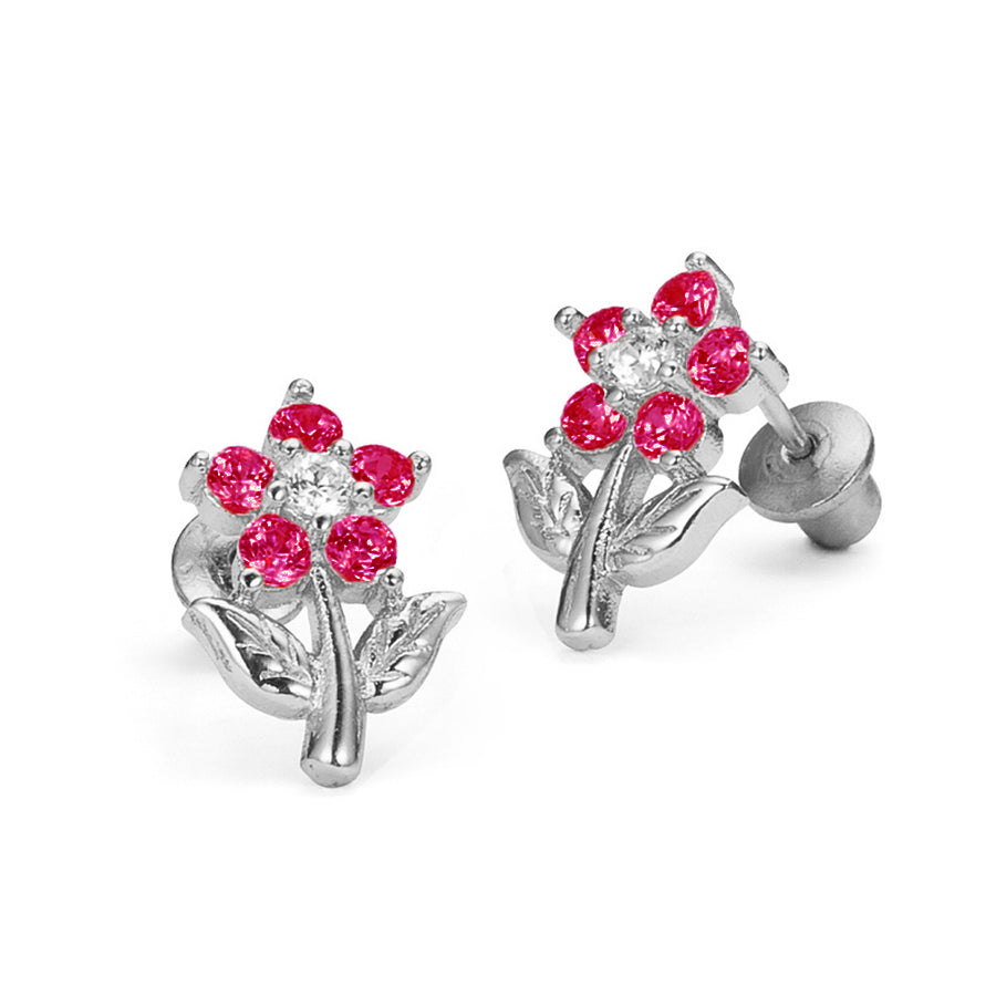 925 Sterling Silver Rhodium Plated Pink Flower CZ Screwback Baby Girls Earrings