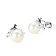 925 Sterling Silver Rhodium Plated Simulated Pearl CZ Screwback Girls Earrings