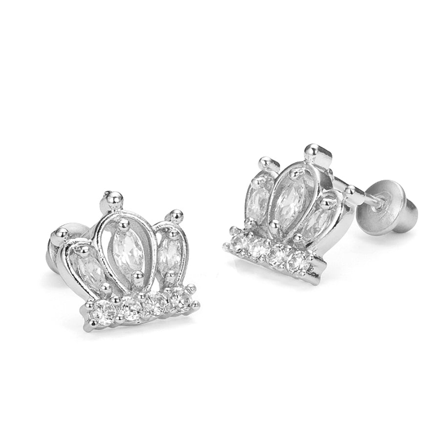 925 Sterling Silver Rhodium Plated Crown CZ Screwback Baby Girls Earrings