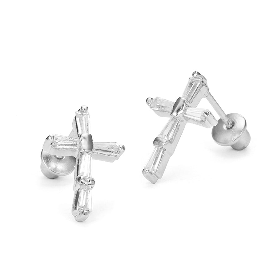 925 Sterling Silver Rhodium Plated Cross CZ Screwback Baby Girls Earrings