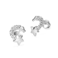 925 Sterling Silver Rhodium Plated Shooting Star CZ Screwback Baby Girl Earrings