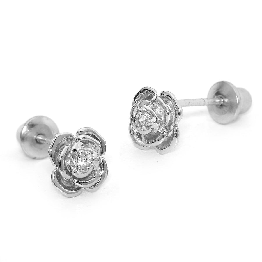 925 Sterling Silver Rhodium Plated Rose CZ Screwback Baby Girls Earrings
