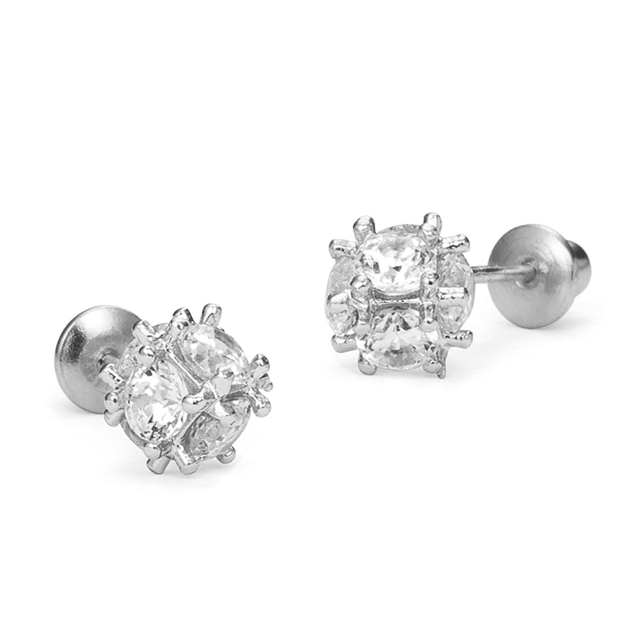925 Sterling Silver Rhodium Plated CZ Disco Ball CZ Screwback Baby Girl Earrings