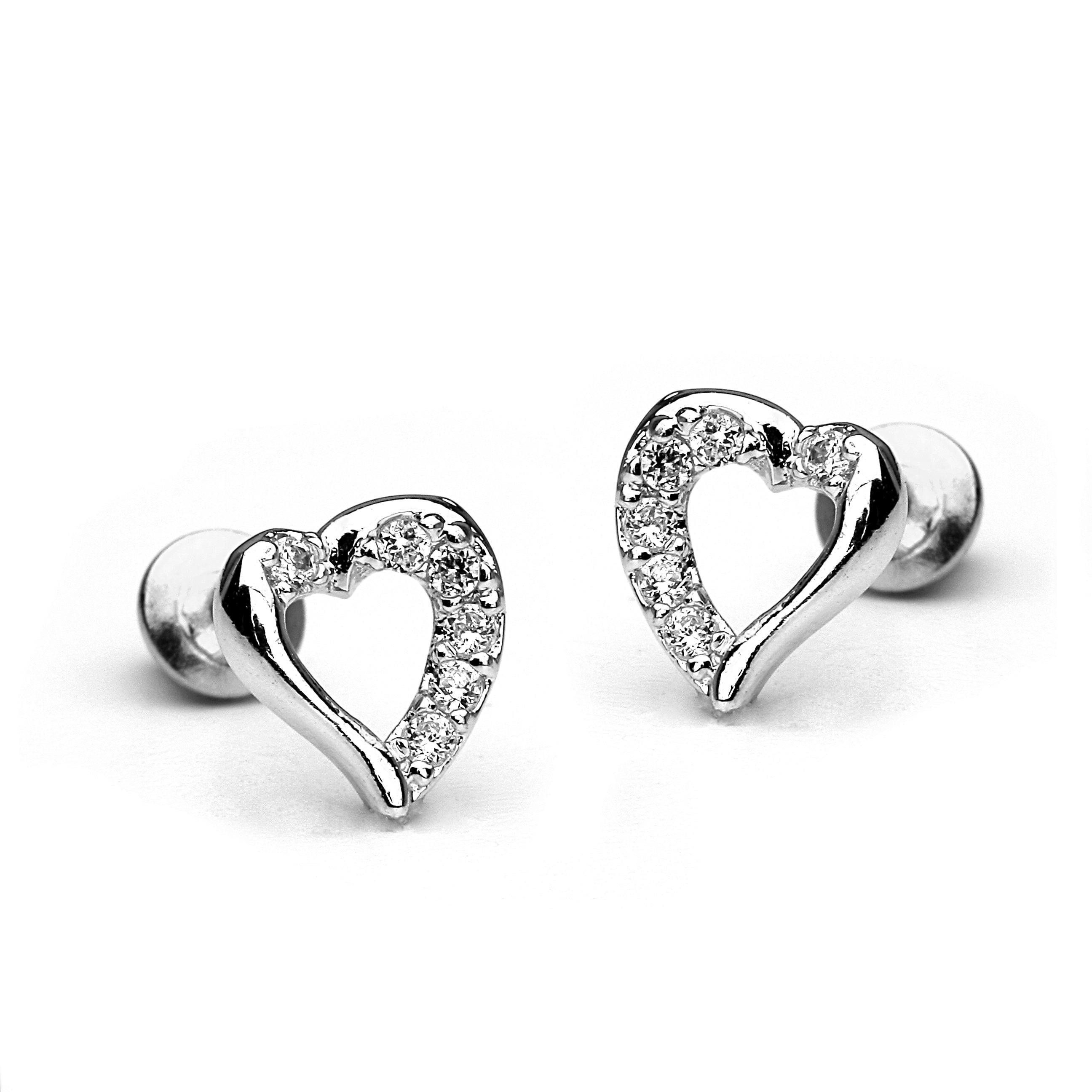 925 Sterling Silver Rhodium Plated Open Heart CZ Screwback Baby Girls