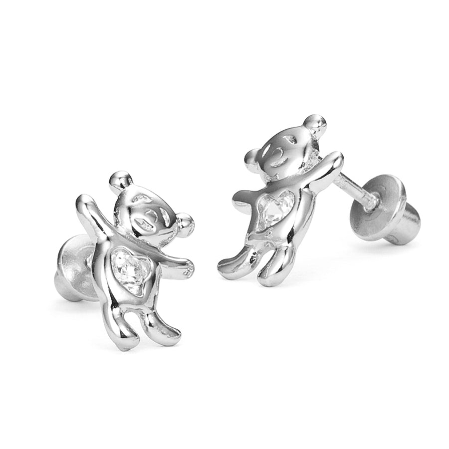 925 Sterling Silver Rhodium Plated Teddy Bear CZ Screwback Baby Girls Earrings