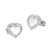 925 Sterling Silver Rhodium Plated Heart CZ Screwback Baby Girls Earrings