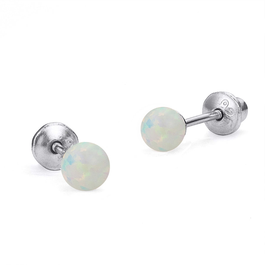 925 Sterling Silver Rhodium Plated Simulated Opal Screwback Baby Girls Earrings