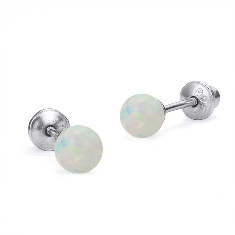 925 Sterling Silver Rhodium Plated Simulated Opal Screwback Baby Girls Earrings