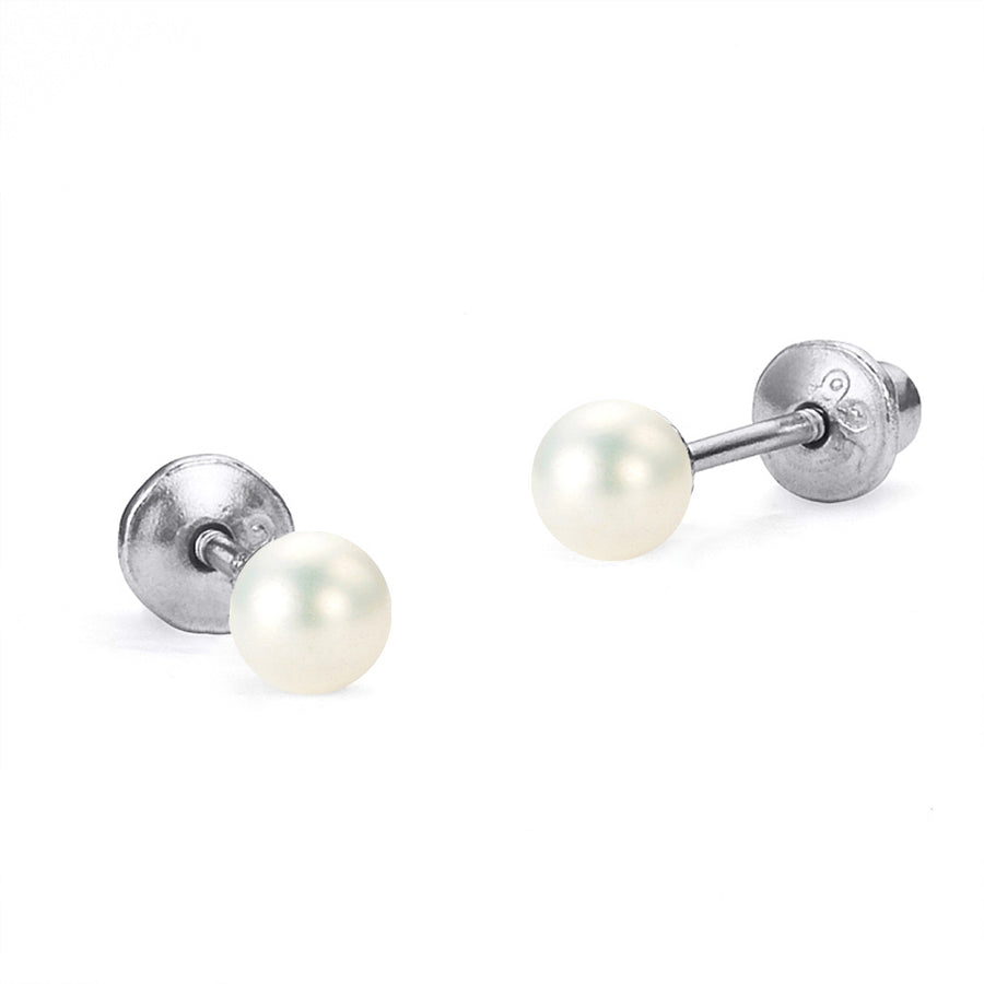 925 Sterling Silver Rhodium Plated 3-5mm Simulated Pearl Screwback Girl Earrings