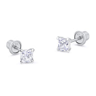 925 Sterling Silver Rhodium Plated 3-6 mm Princess Cut CZ Screwback Girl Earring