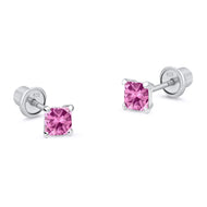 925 Sterling Silver Rhodium Plated Princess Cut Pink CZ Screwback Girls Earrings