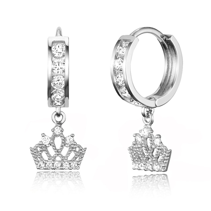 925 Sterling Silver Rhodium Plated CZ Princess Crown Baby Girl Huggie Earrings