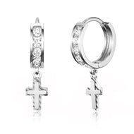 925 Sterling Silver Rhodium Plated Channel CZ Cross Baby Girl Huggie Earrings