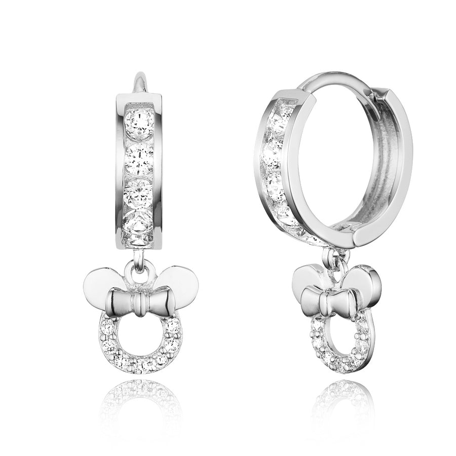 925 Sterling Silver Rhodium Plated Channel CZ Mouse Baby Girl Huggie Earrings
