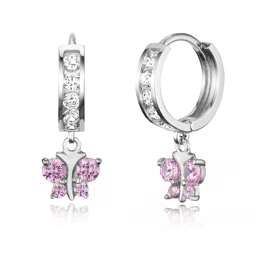 925 Sterling Silver Rhodium Plated Channel CZ Butterfly Baby Girl Huggie Earring