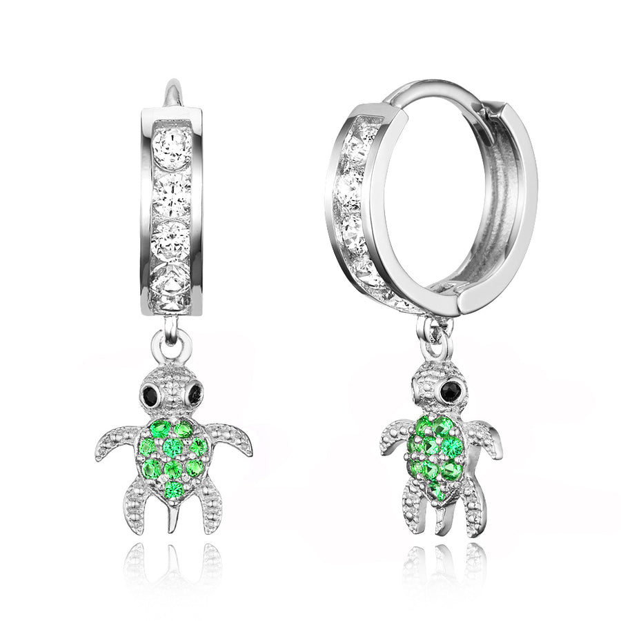 925 Sterling Silver Rhodium Plated Channel CZ Turtle Baby Girl Huggie Earrings