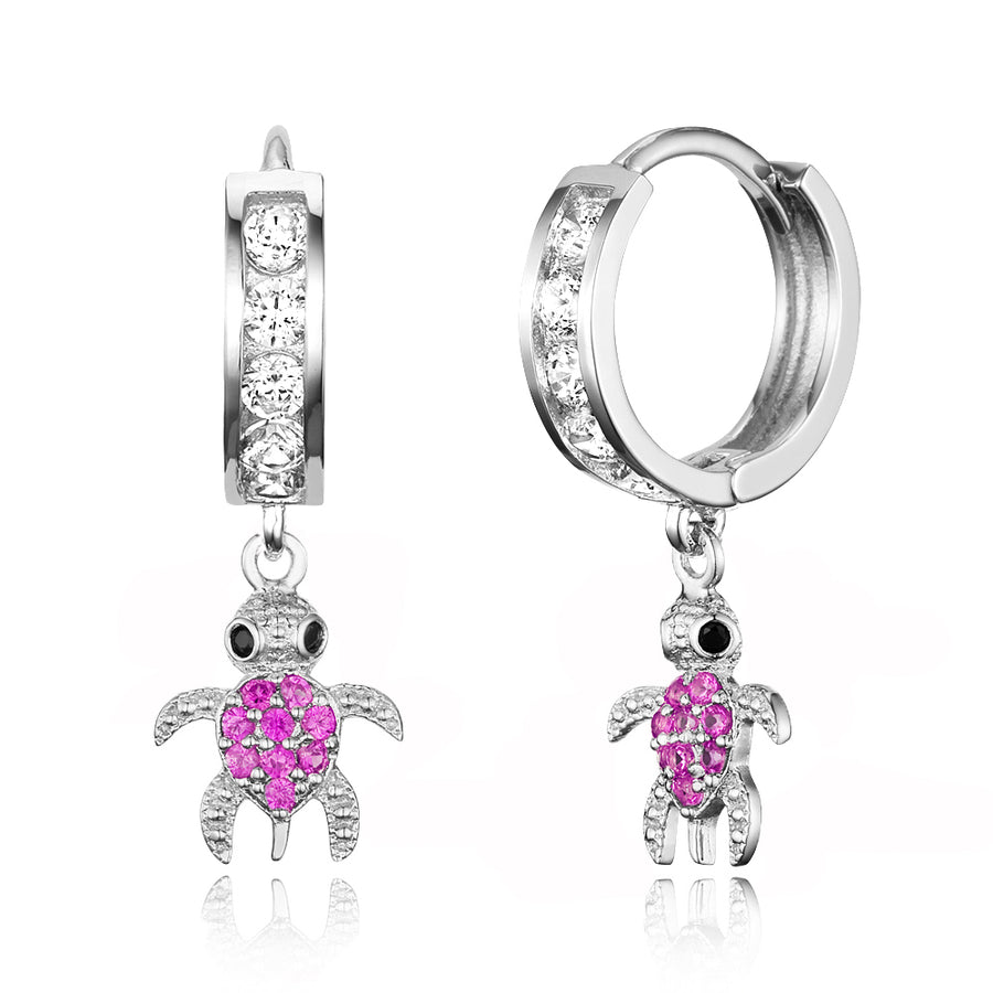 925 Sterling Silver Rhodium Plated Channel CZ Turtle Baby Girl Huggie Earrings