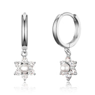 925 Sterling Silver Rhodium Plated Simulated Pearl Flower Baby Girl Hoop Earring