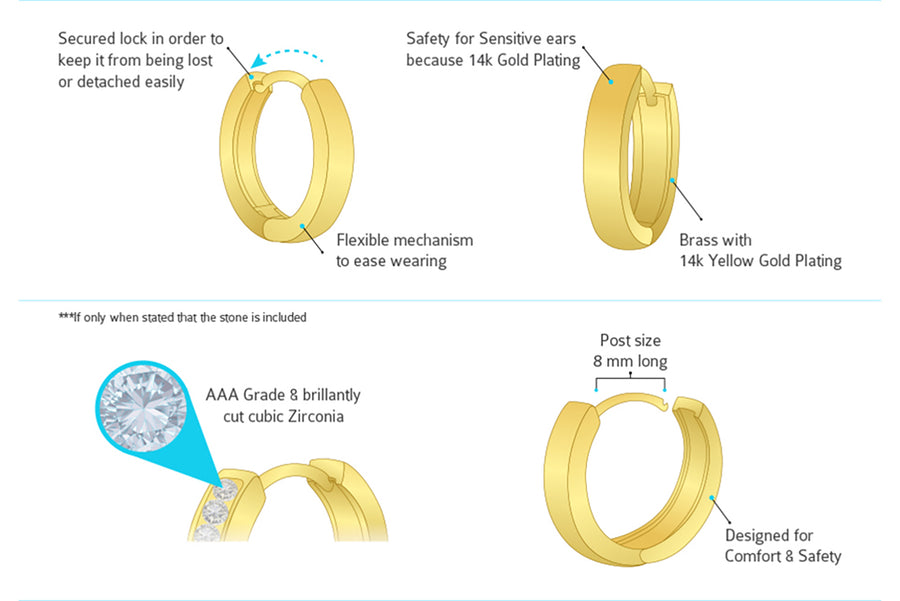 14k Gold Plated Brass Butterfly Channel CZ Huggy Baby Girls Hoop Earrings