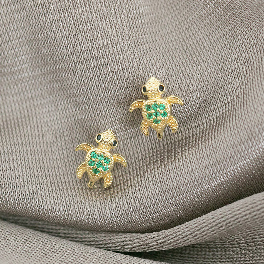 14k Gold Plated Brass Turtle CZ Screwback Baby Girls Earrings with Silver Post